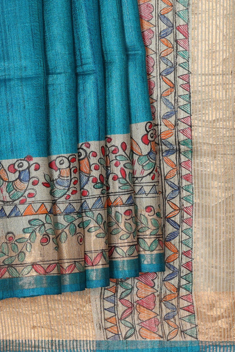 Image of Printed Tussar Ocean Blue Saree